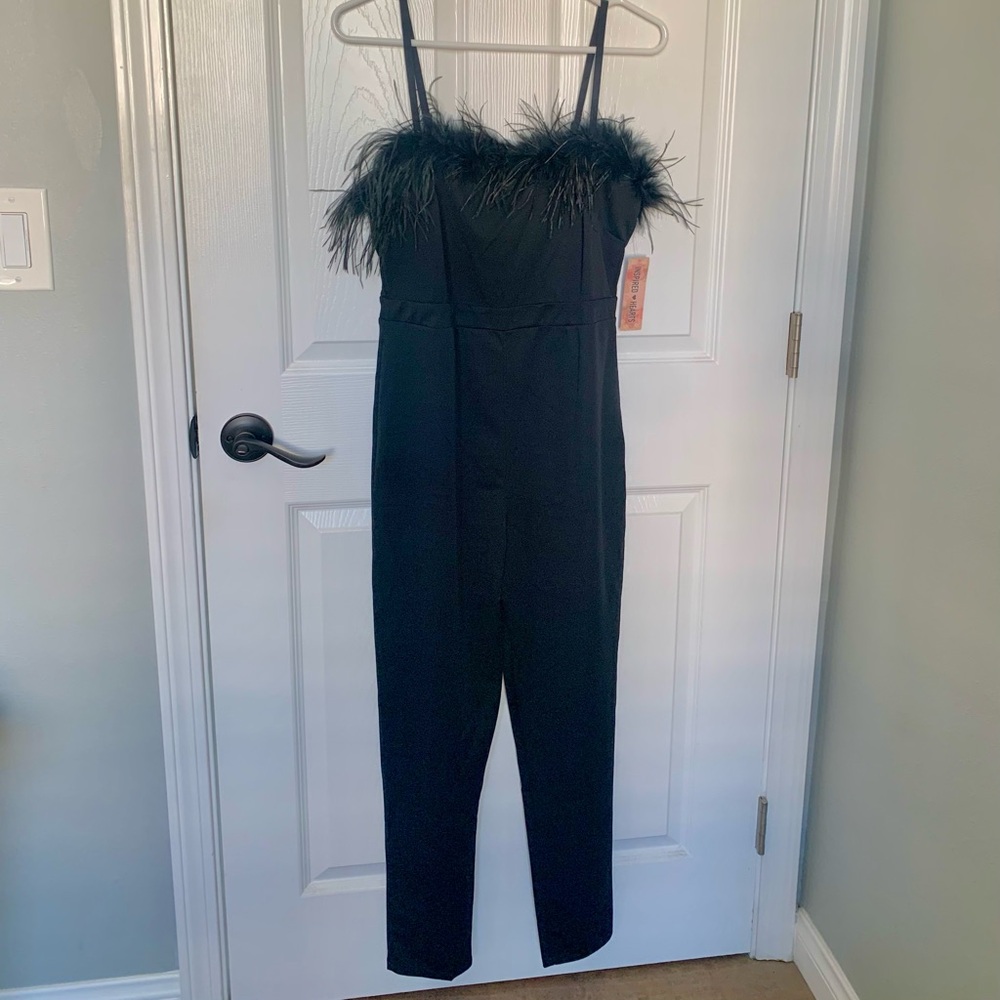 Black Jumpsuit with Feather Front Hem